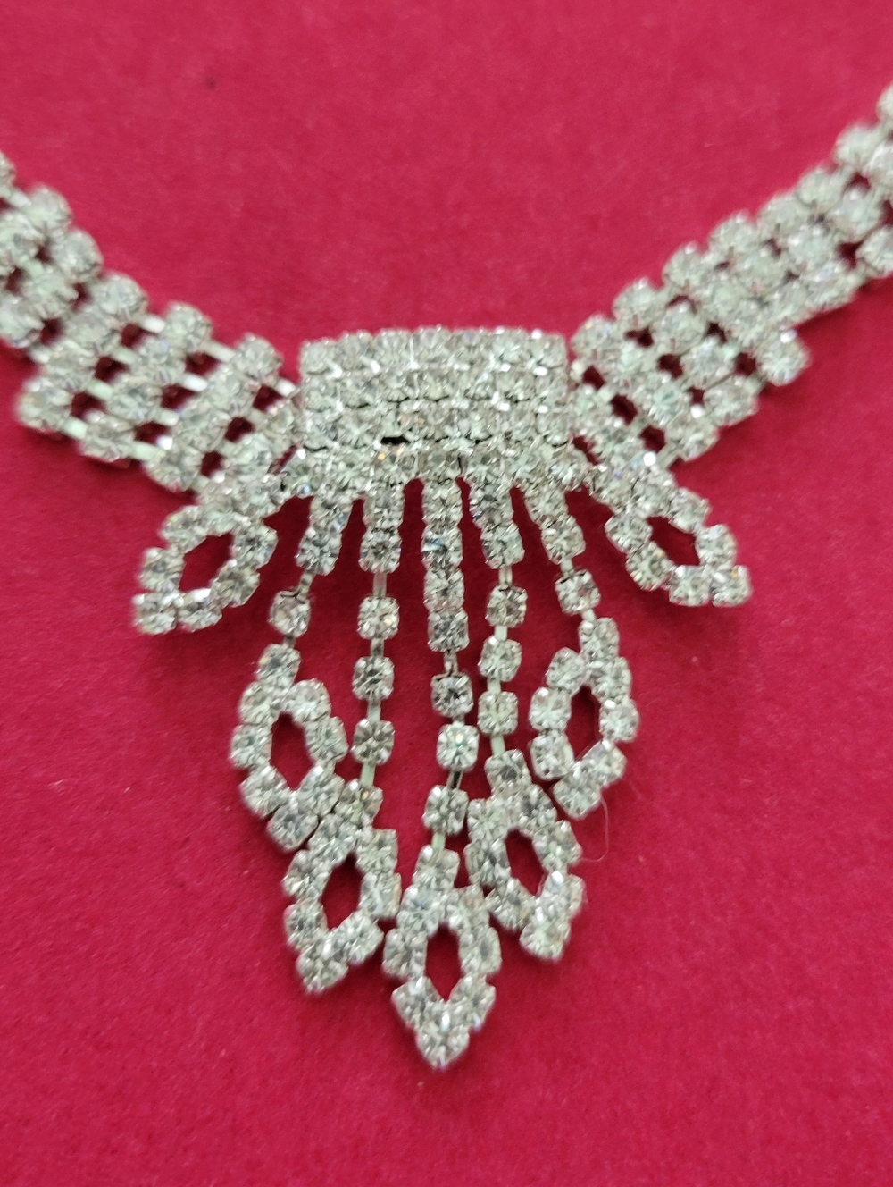 Vtg Silver Tone Rhinestone Bib Necklace Choker Wedding Prom Homecoming Bling 20"